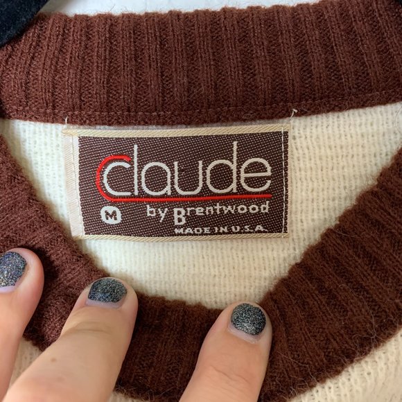 Claude Vintage Cream and Brown Sweater Crewneck M - Picture 5 of 9